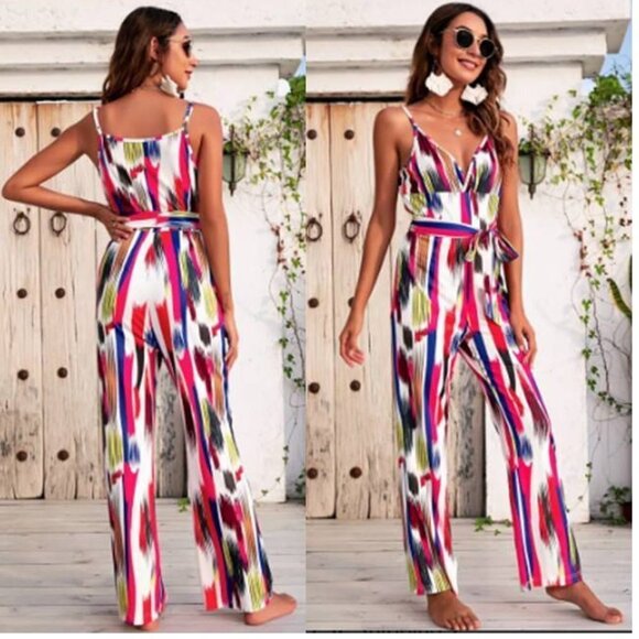 Women's High Rise Colorful Print Fashion Jumpsuit - Picture 1 of 5